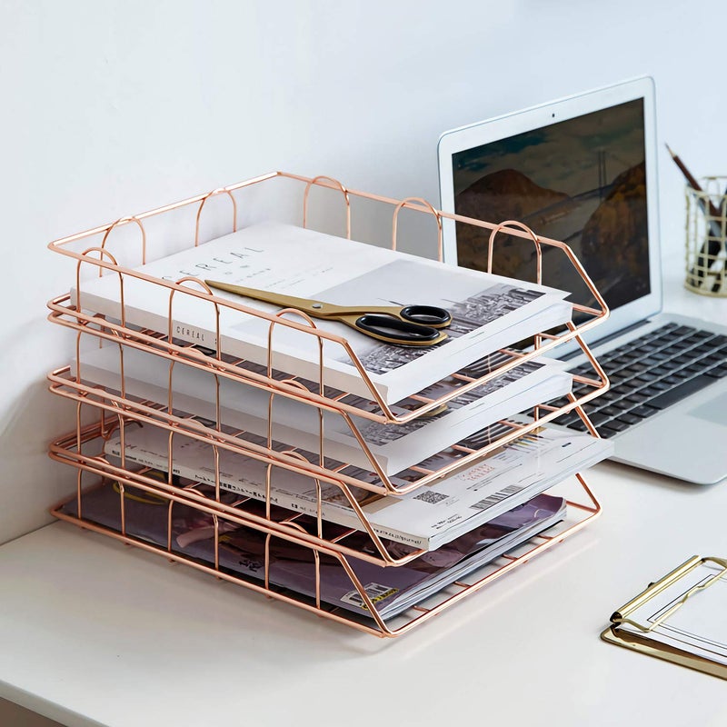 Jolitac Rose Gold 4-Tier Stackable Paper Tray Desk Organizer, Workspace Decorative Stacking Rack Supplies Holder, Metal Letter Trays for File Documents in Home & Office (Rose Gold) - Image 2